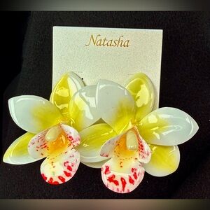 Natasha Couture Acrylic Large White/Yellow Orchid Studded Earrings
